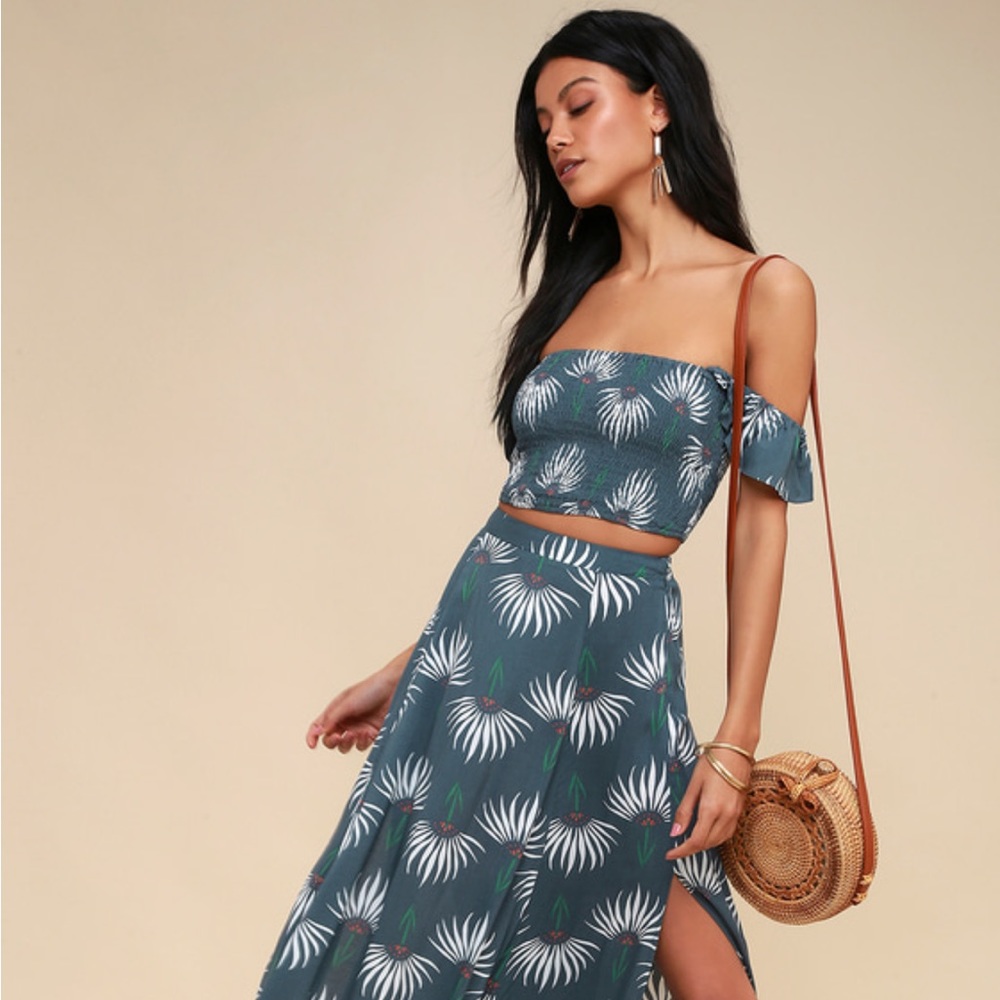 Lulu Trancoso Dusty Blue Floral Print Two Piece Maxi Dress